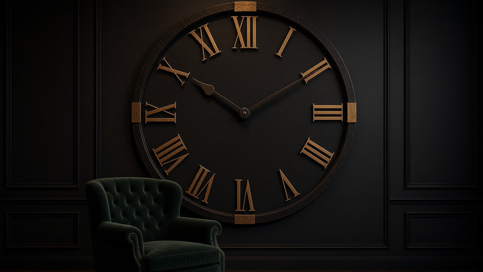The giant Roman numeral clock above the lounge
