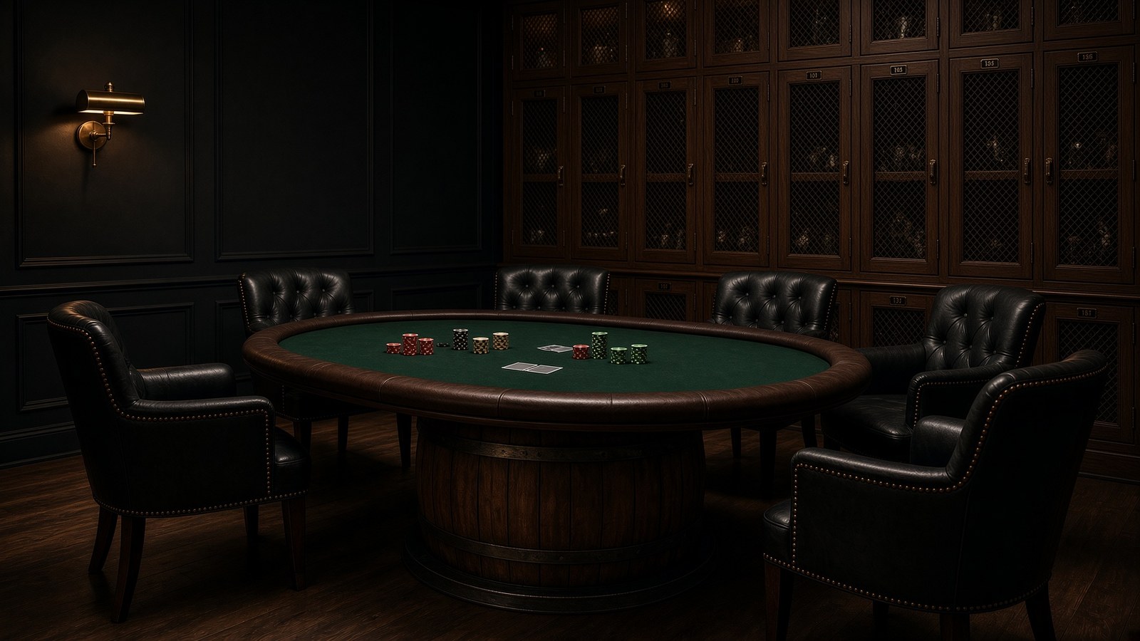 The private poker table with black leather chairs