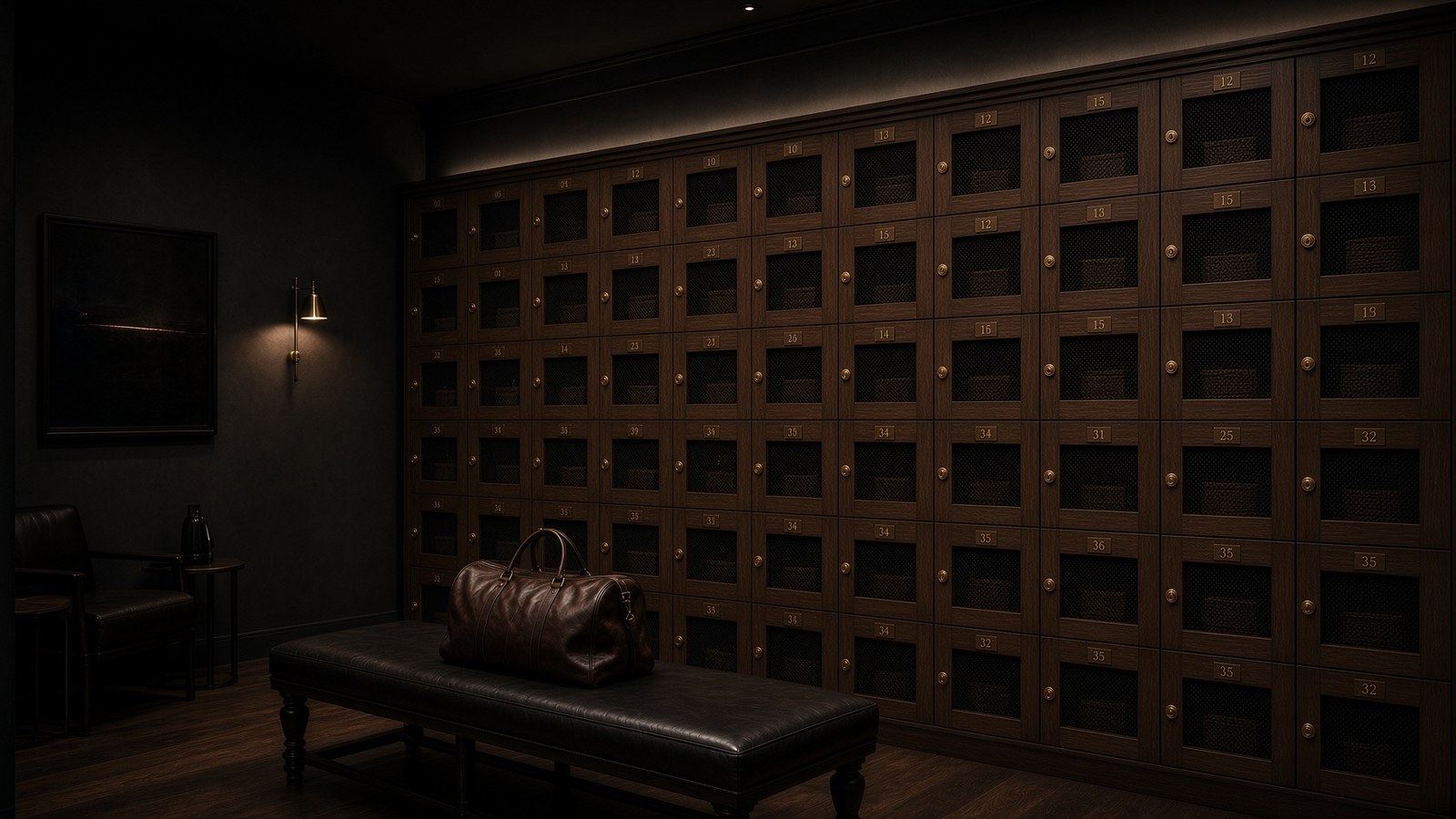 Wall of numbered wooden member lockers