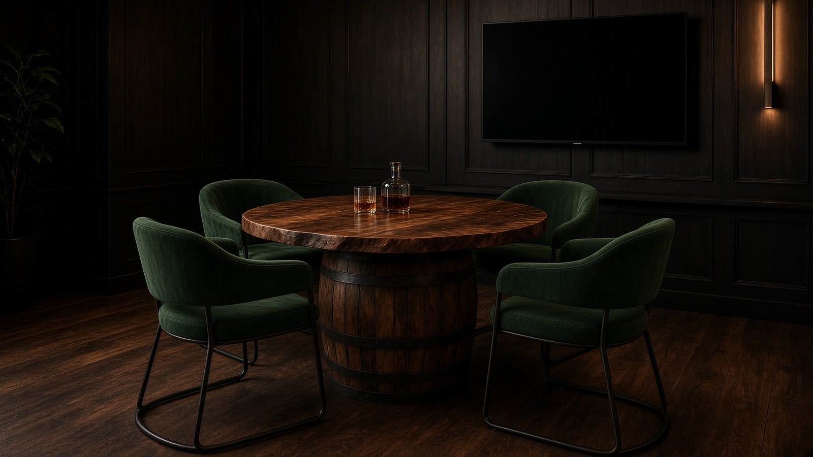 Barrel table with leather chairs