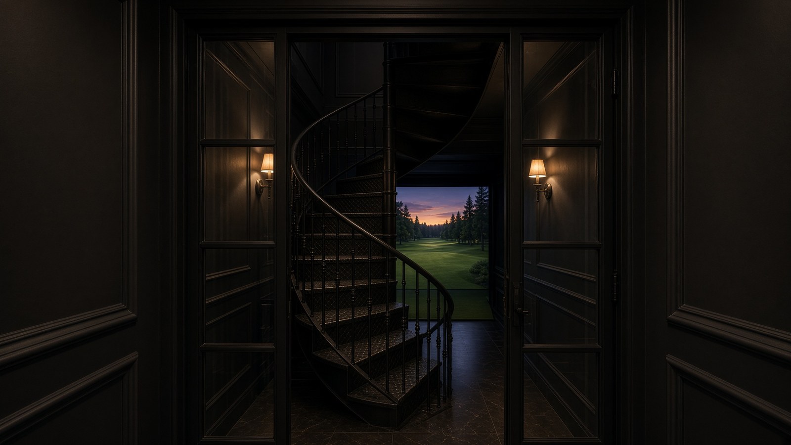 Glass stairs leading down to the golf simulator