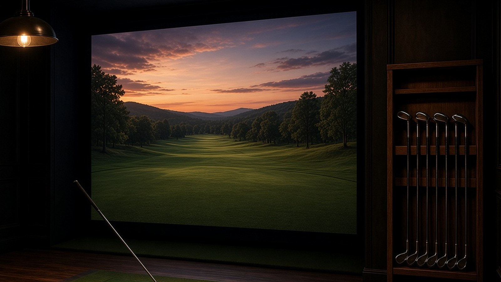 Indoor golf simulator bay at The Noke